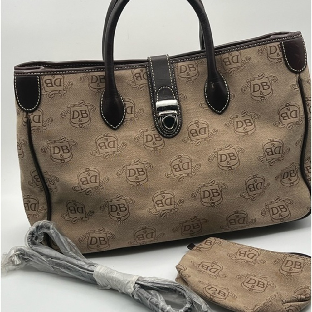 Dooney & Bourke Signature Monogram DBL Handle Tote Canvas Leather Trim + Pouch‎